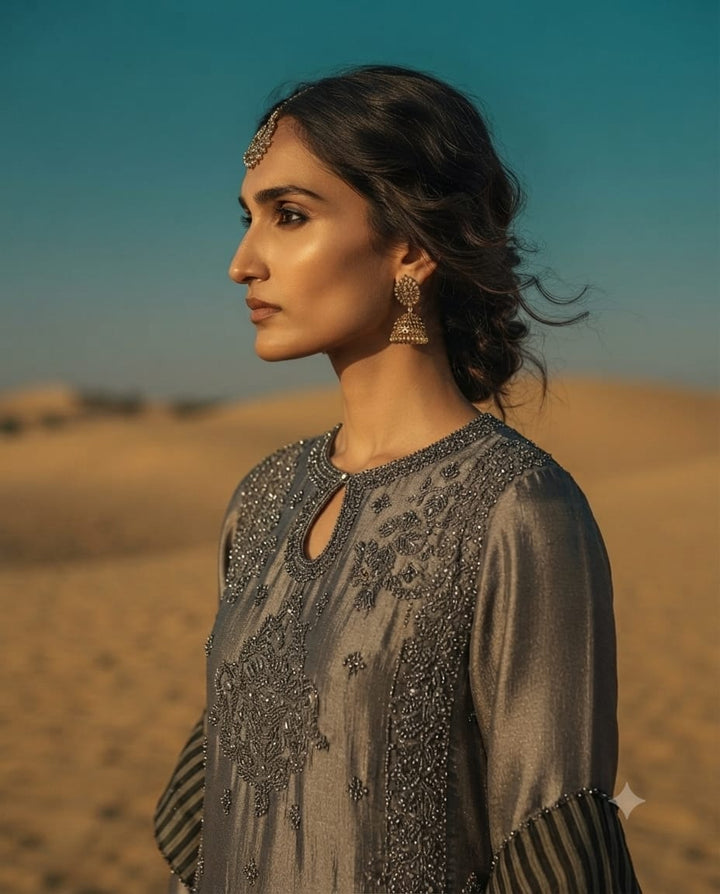 Premium Raw Silk Suit With Heavy Beadswork, Sequins & Zari Embroidery.