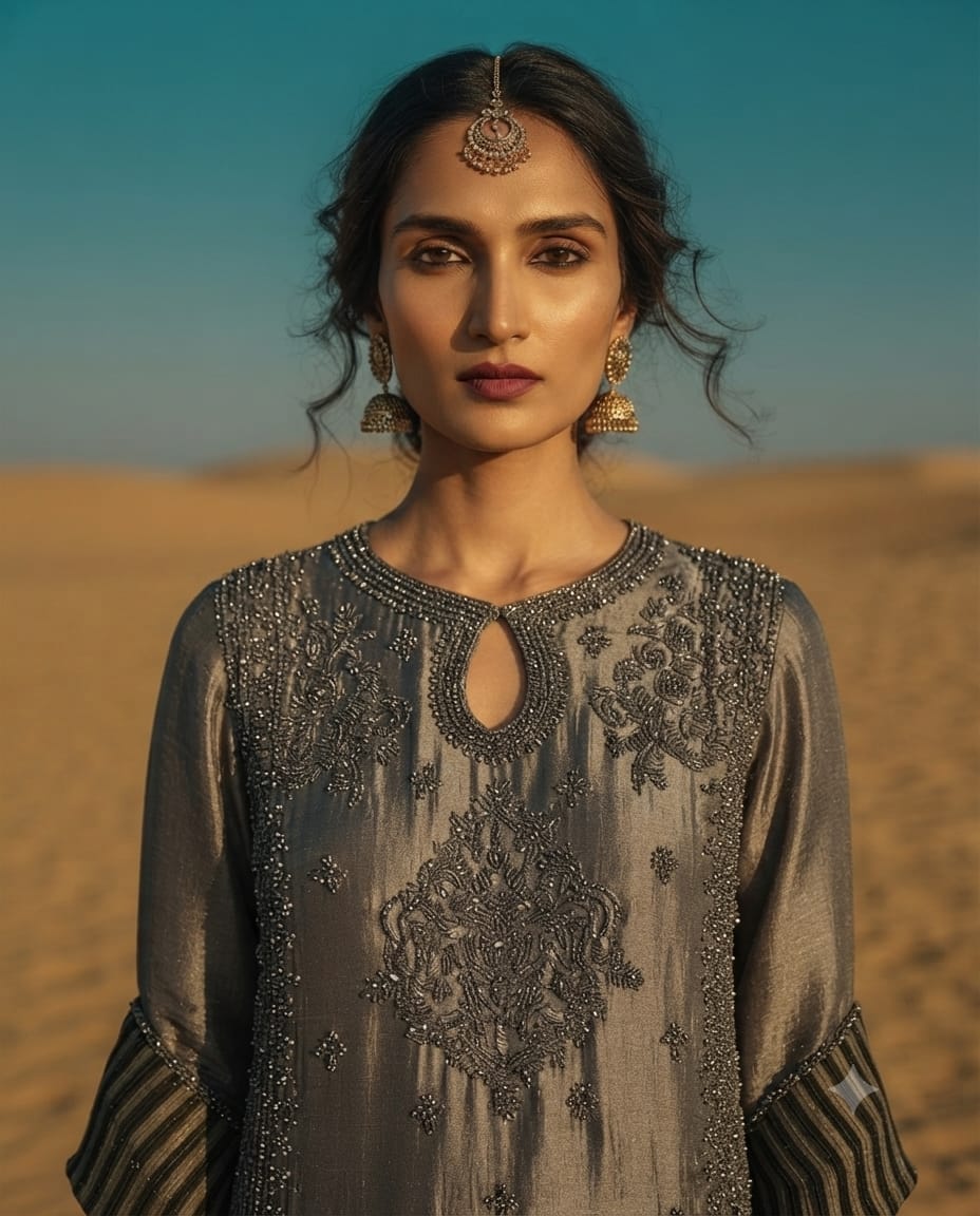 Premium Raw Silk Suit With Heavy Beadswork, Sequins & Zari Embroidery.