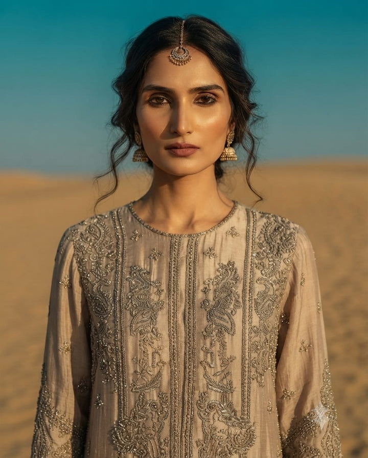 Premium Silver Pakistani Suit Designed For A Royal Festive Look.