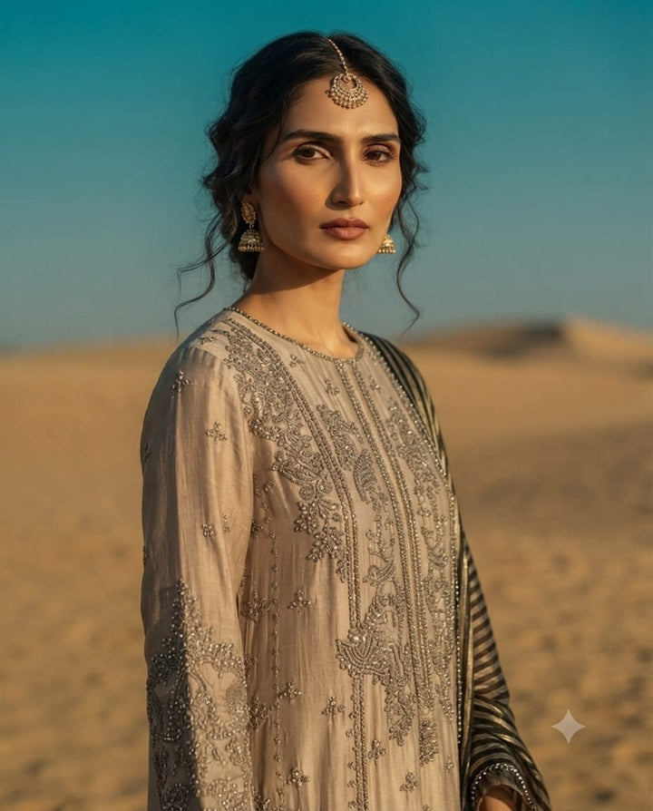 Premium Silver Pakistani Suit Designed For A Royal Festive Look.