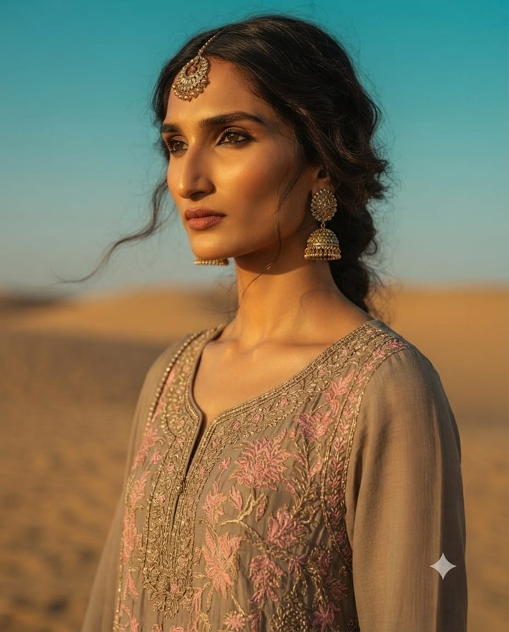 Premium Grey Pakistani Suit With Floral Thread Embroidery