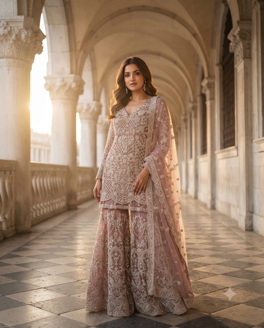 Premium Lavender Net Gararas Suit With Pearl & Sequins Embroidery