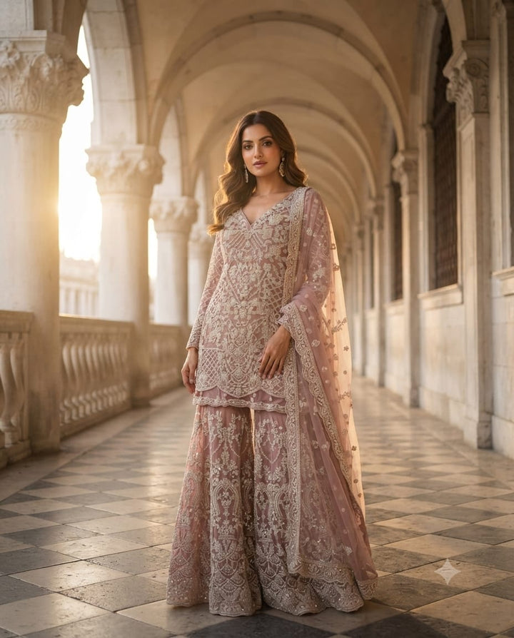 Premium Lavender Net Gararas Suit With Pearl & Sequins Embroidery