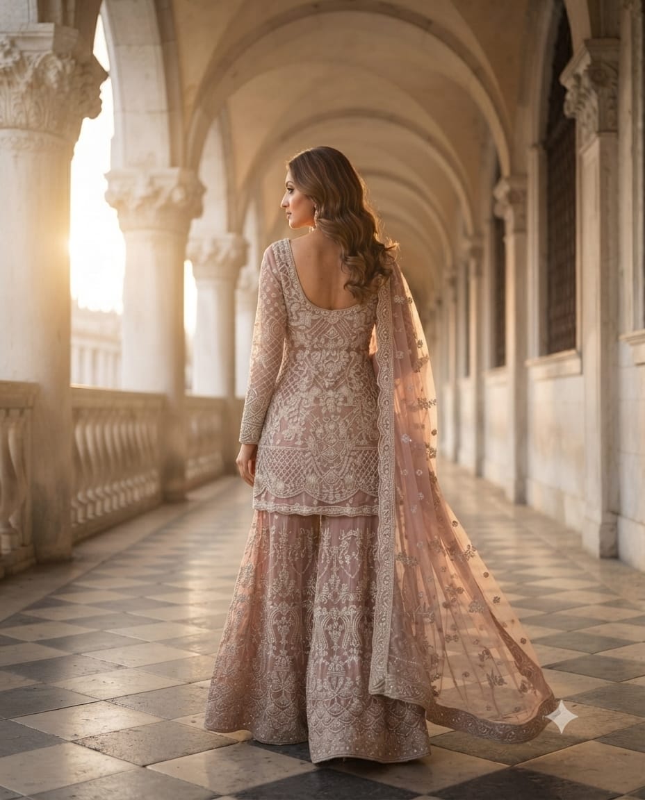 Premium Lavender Net Gararas Suit With Pearl & Sequins Embroidery