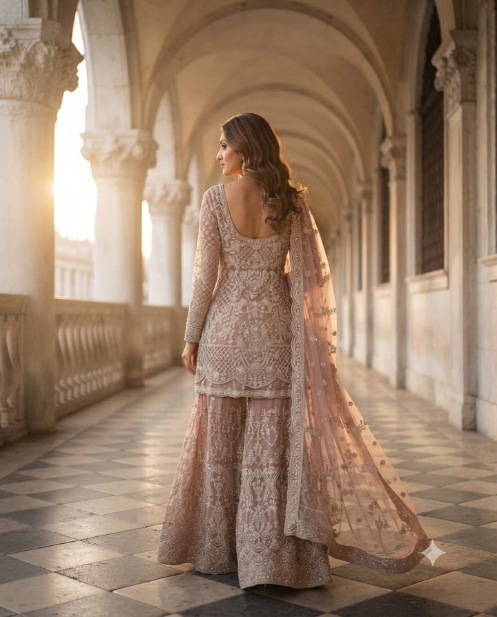 Premium Lavender Net Gararas Suit With Pearl & Sequins Embroidery