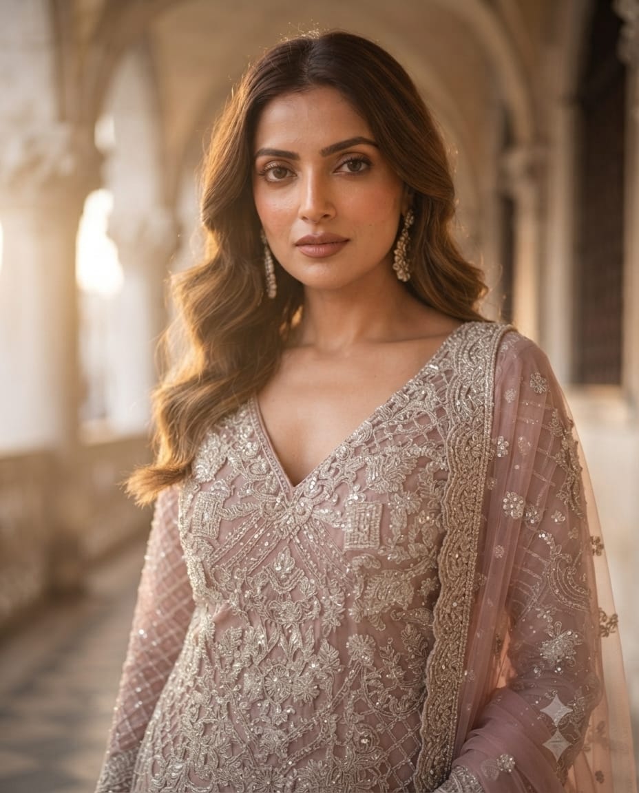 Premium Lavender Net Gararas Suit With Pearl & Sequins Embroidery