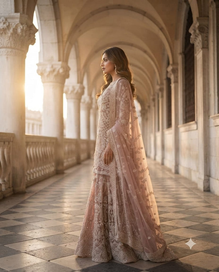 Premium Lavender Net Gararas Suit With Pearl & Sequins Embroidery