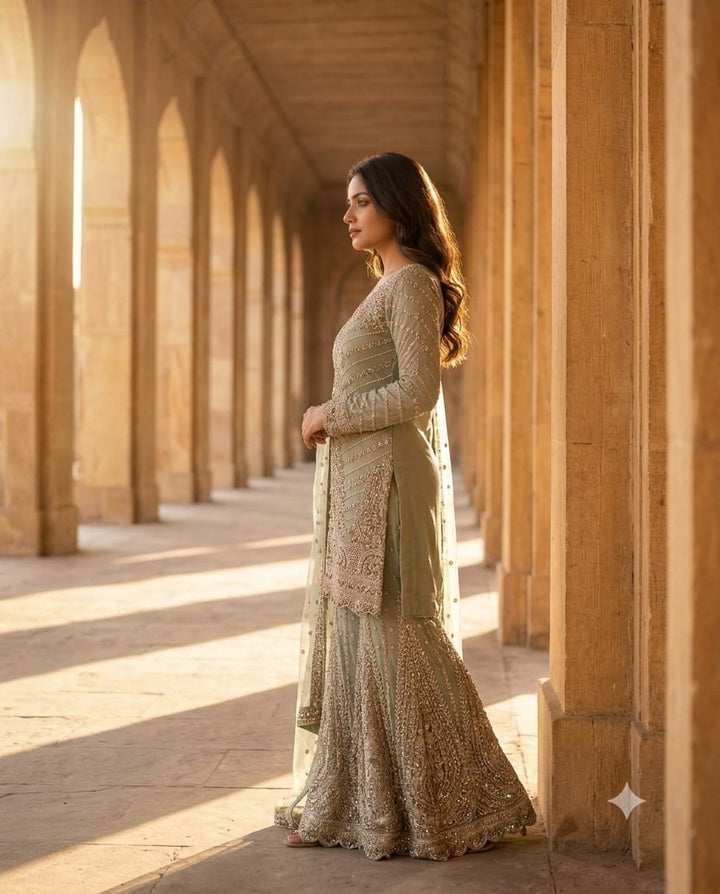 Royal Soft Pista Green Ghararas And Matching Dupatta For A Festive Look