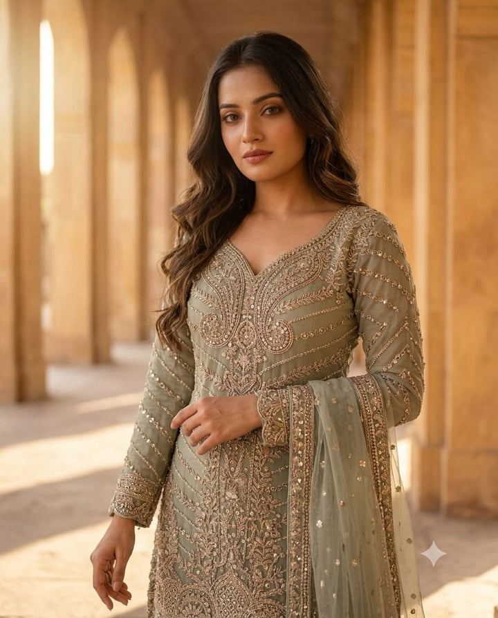 Royal Soft Pista Green Ghararas And Matching Dupatta For A Festive Look