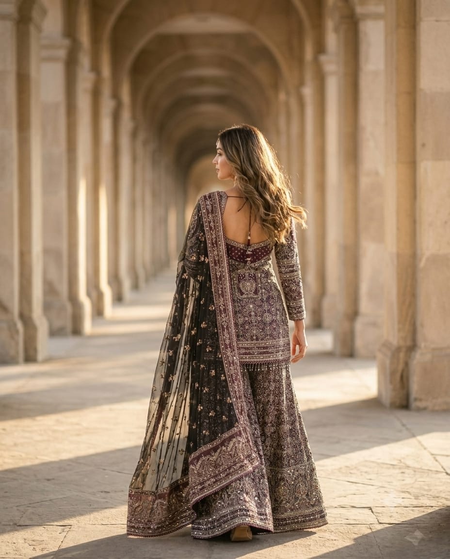 Royal Grey Green Gharara Set With Exquisite All Over Embroidery
