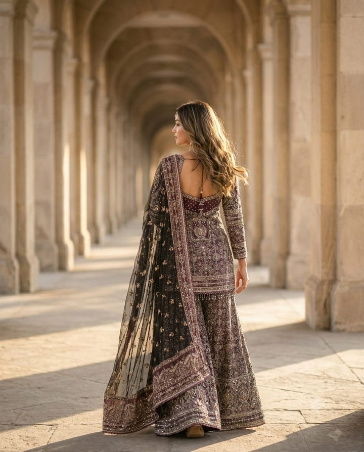 Royal Grey Green Gharara Set With Exquisite All Over Embroidery