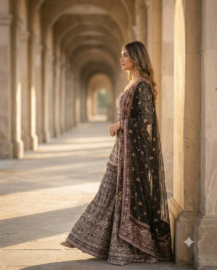 Royal Grey Green Gharara Set With Exquisite All Over Embroidery