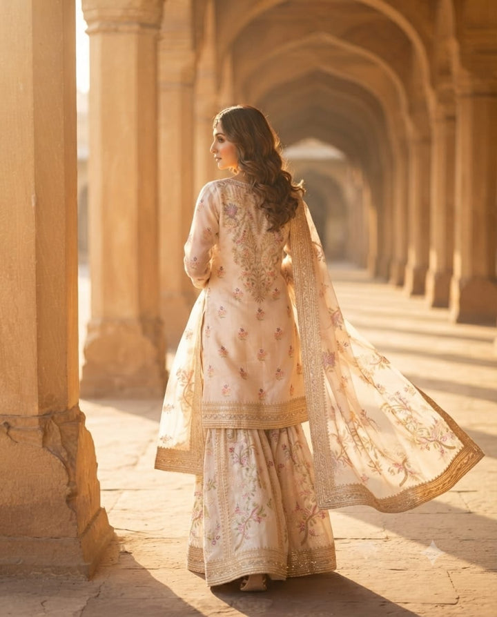 Ivory Floral Butti embroidered silk sharara set