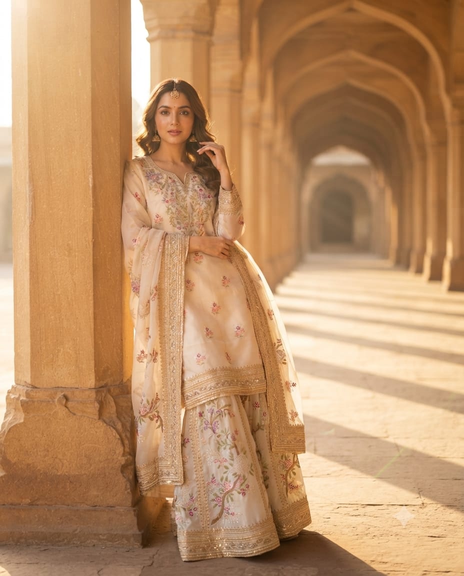 Ivory Floral Butti embroidered silk sharara set