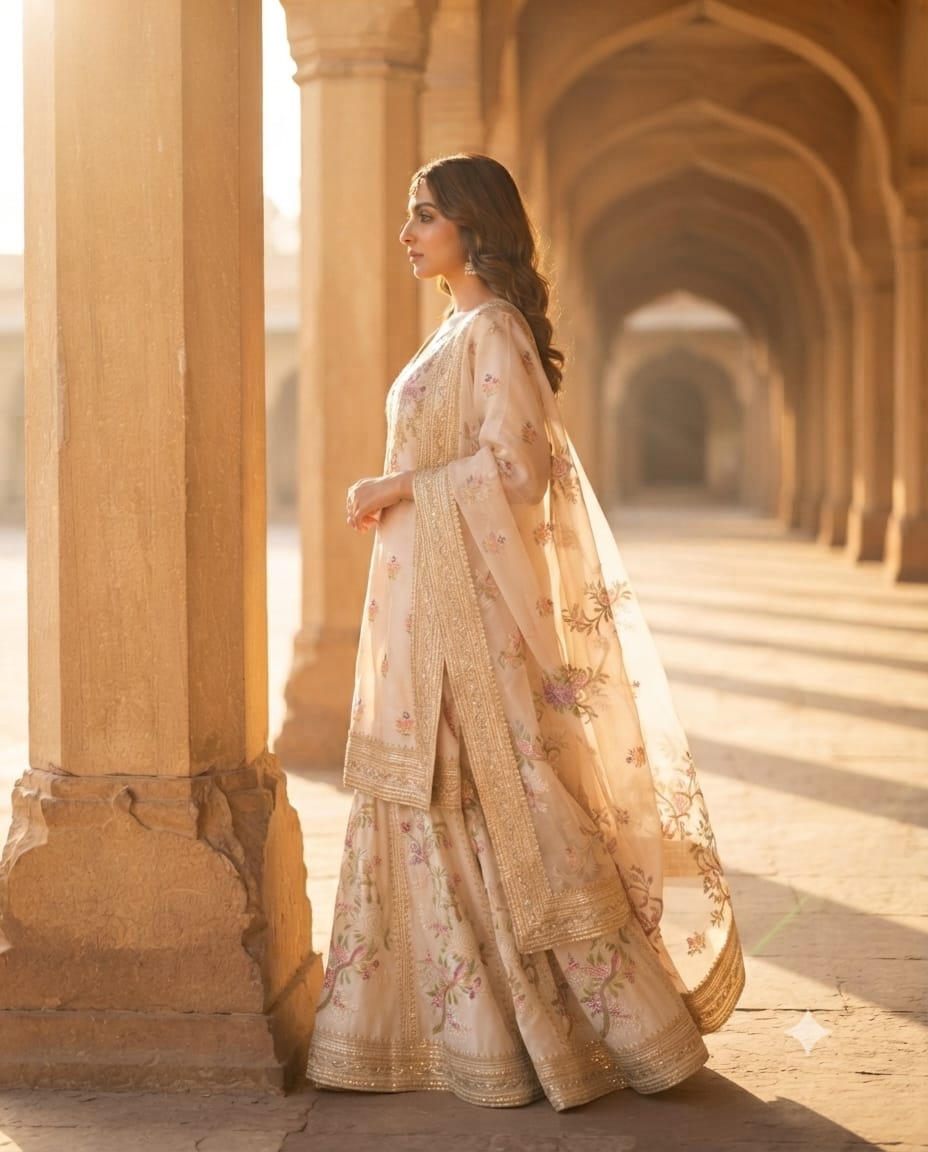 Ivory Floral Butti embroidered silk sharara set