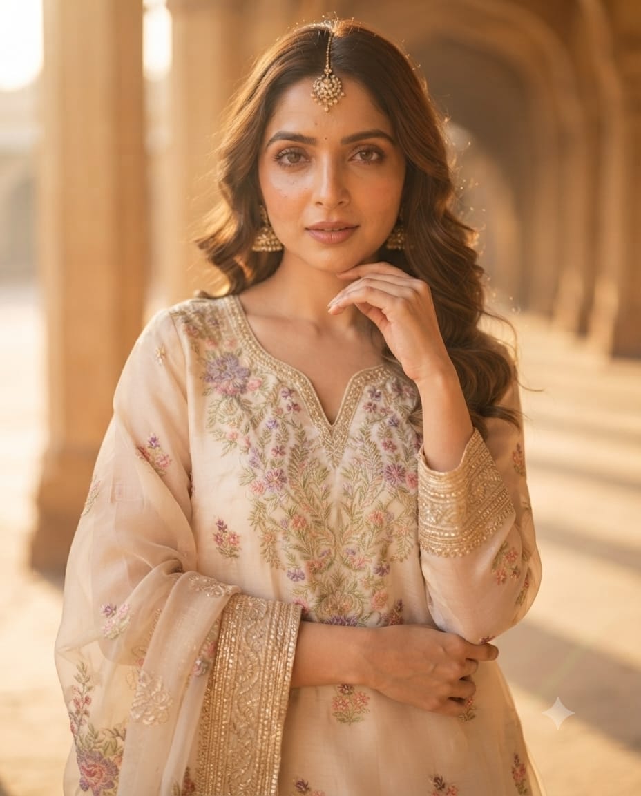 Ivory Floral Butti embroidered silk sharara set