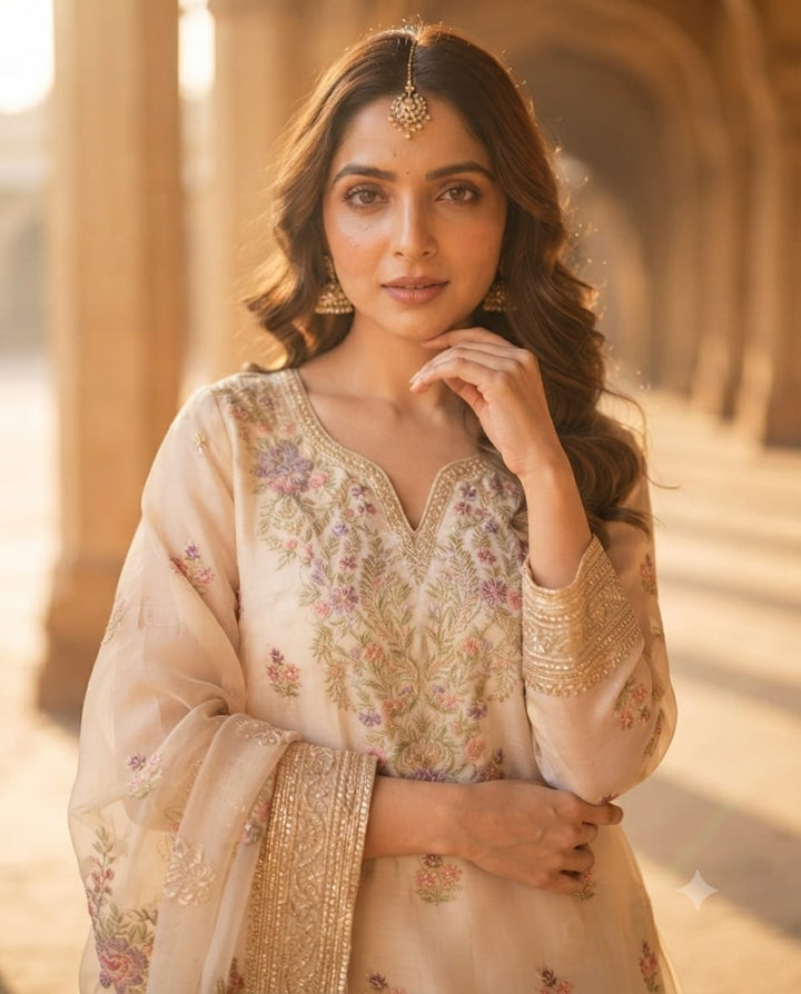 Ivory Floral Butti embroidered silk sharara set