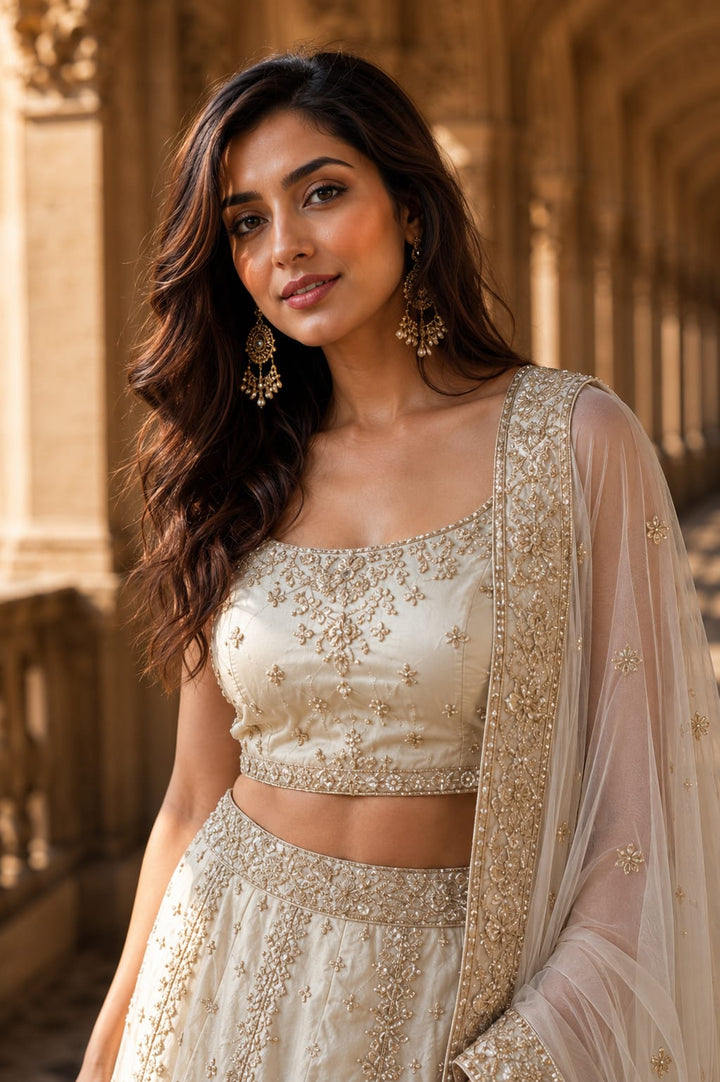 Royal Cream Embroidered Zari & Sequins Lehenga Set