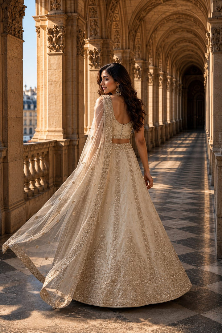 Royal Cream Embroidered Zari & Sequins Lehenga Set