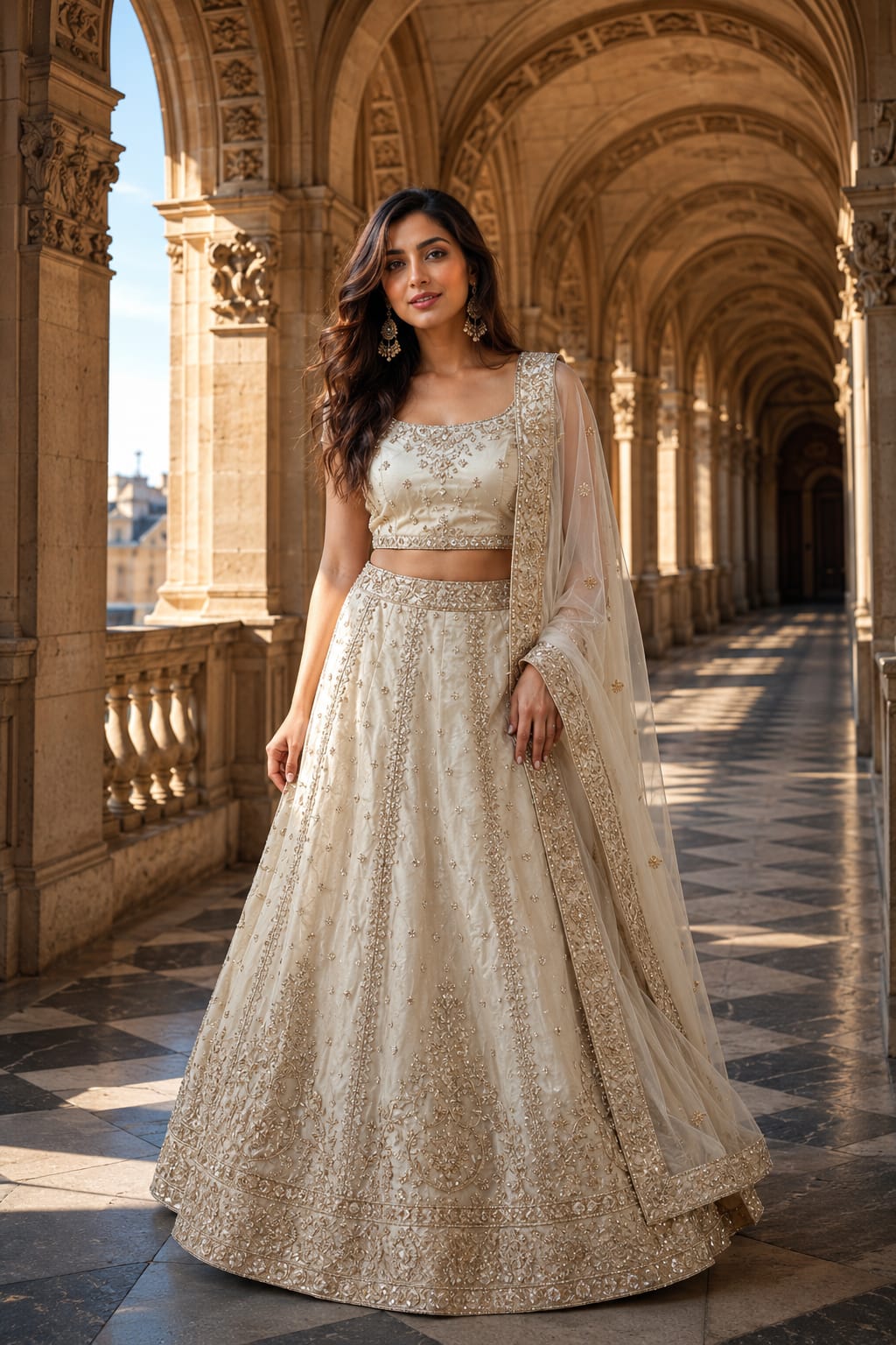 Royal Cream Embroidered Zari & Sequins Lehenga Set