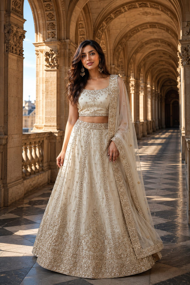 Royal Cream Embroidered Zari & Sequins Lehenga Set
