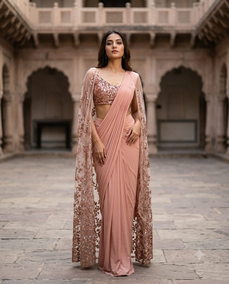 Peach Sequins Pre-Draped Saree With Embroidered Net Cape