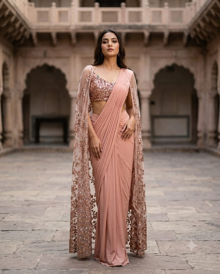 Peach Sequins Pre-Draped Saree With Embroidered Net Cape