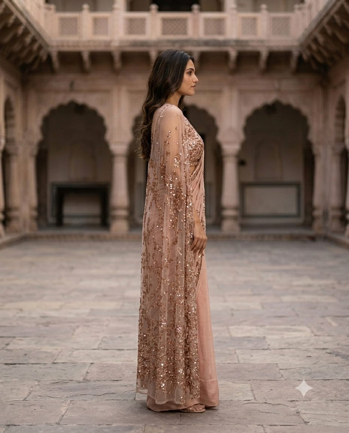 Peach Sequins Pre-Draped Saree With Embroidered Net Cape
