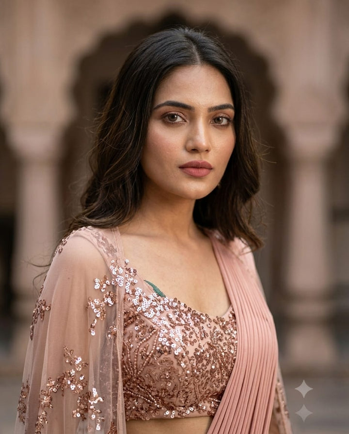 Peach Sequins Pre-Draped Saree With Embroidered Net Cape