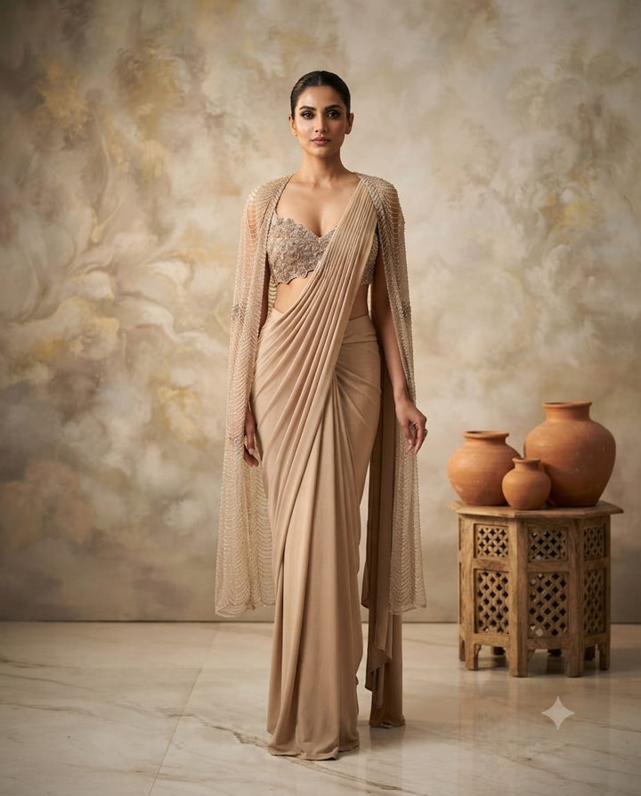 Golden Beige Draped Saree With Nalki Embellished cape