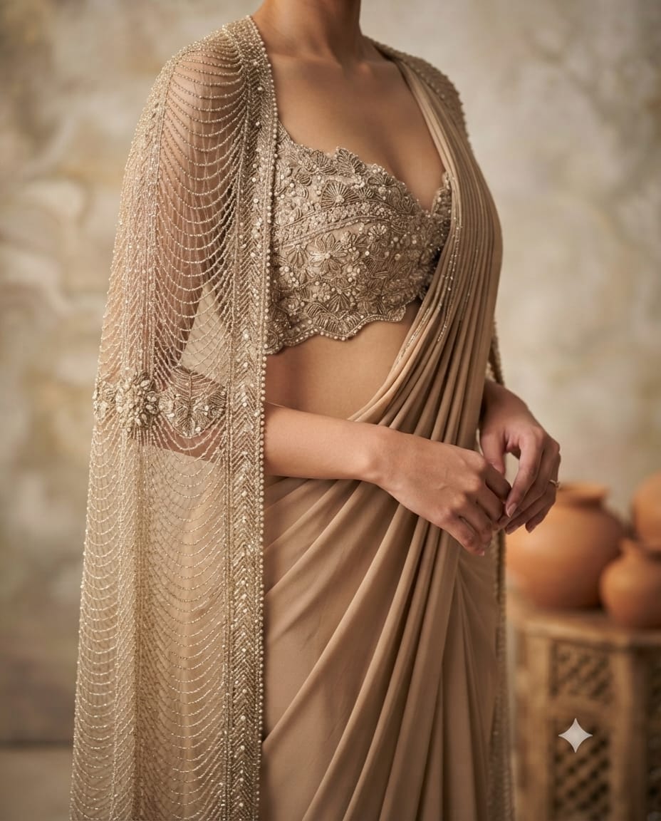 Golden Beige Draped Saree With Nalki Embellished cape