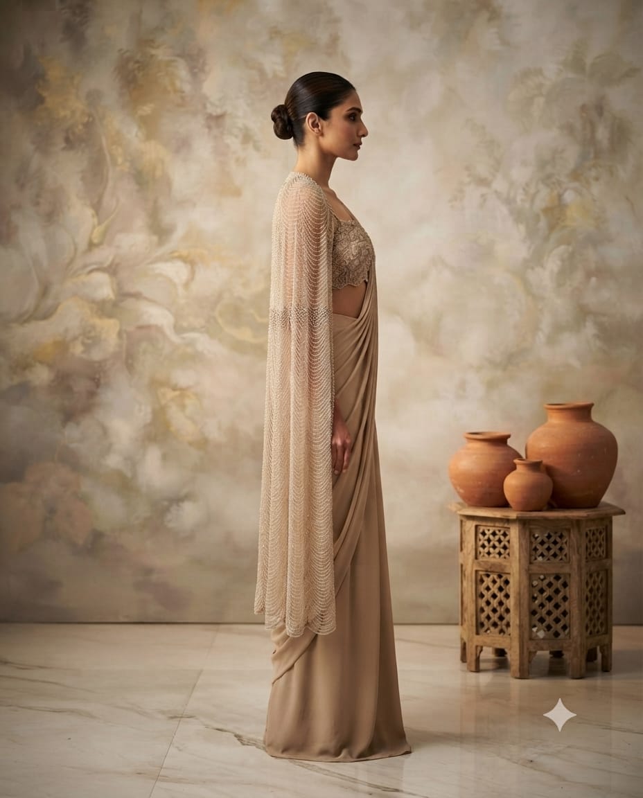 Golden Beige Draped Saree With Nalki Embellished cape