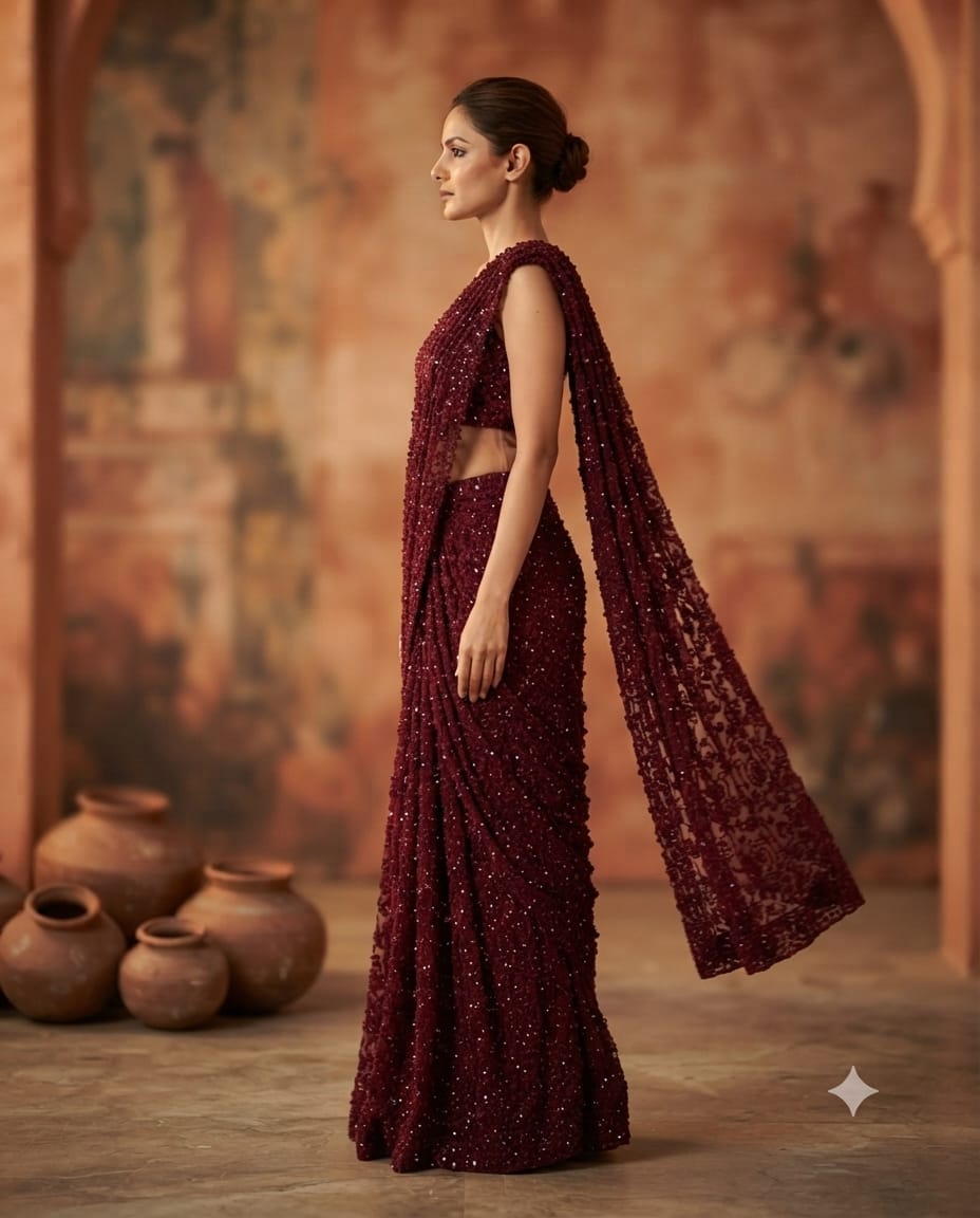 Mehroon Soft Net Saree With Intricate Seepi Handwork