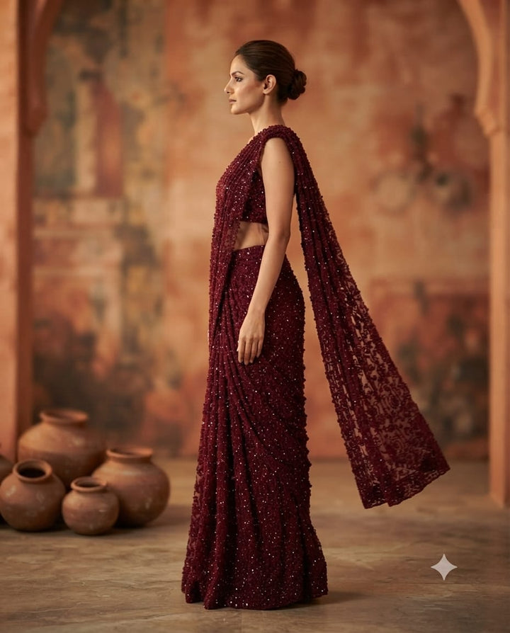 Mehroon Soft Net Saree With Intricate Seepi Handwork