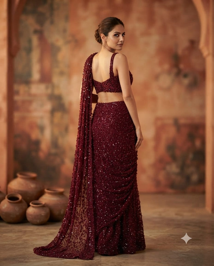 Mehroon Soft Net Saree With Intricate Seepi Handwork
