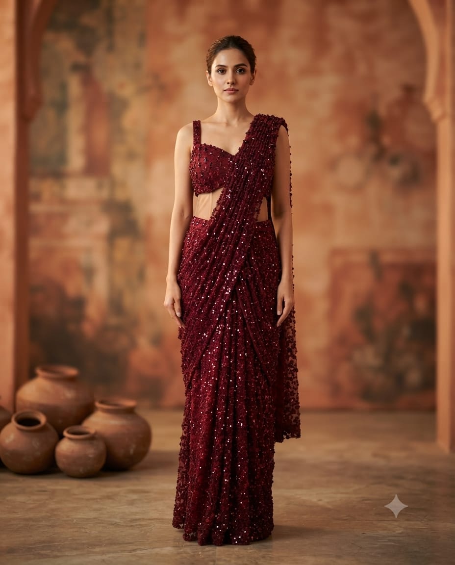 Mehroon Soft Net Saree With Intricate Seepi Handwork