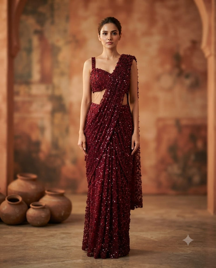 Mehroon Soft Net Saree With Intricate Seepi Handwork