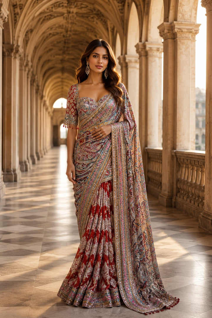 Multi Wine Printed Saree With Seepi Work Embroidery