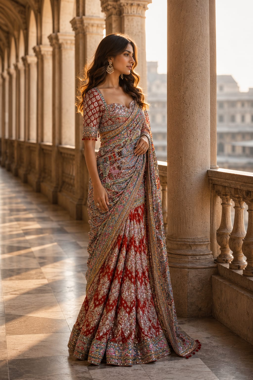 Multi Wine Printed Saree With Seepi Work Embroidery