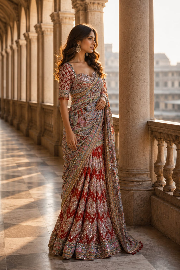 Multi Wine Printed Saree With Seepi Work Embroidery