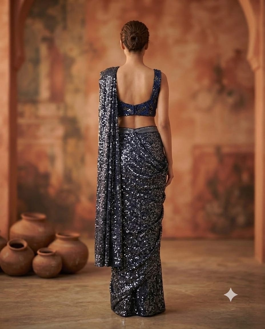Embrace Royal Elegant With this Luxurious Navy Blue net Saree And Seepi handwork