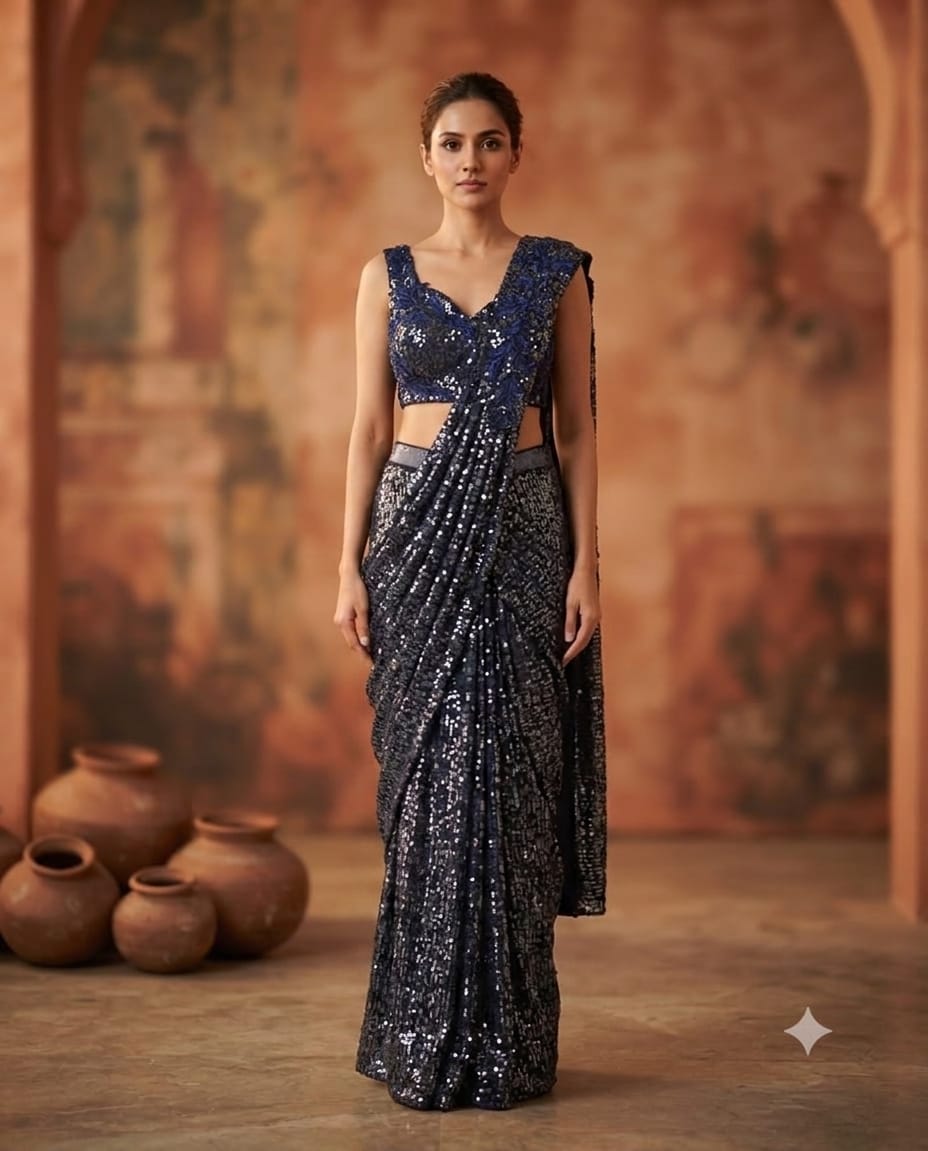 Embrace Royal Elegant With this Luxurious Navy Blue net Saree And Seepi handwork