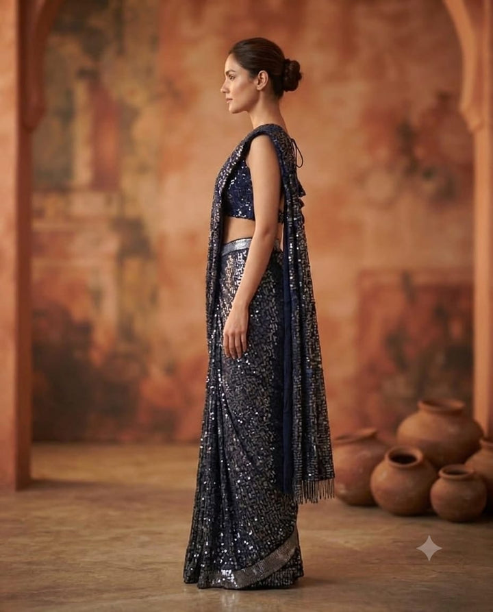 Embrace Royal Elegant With this Luxurious Navy Blue net Saree And Seepi handwork