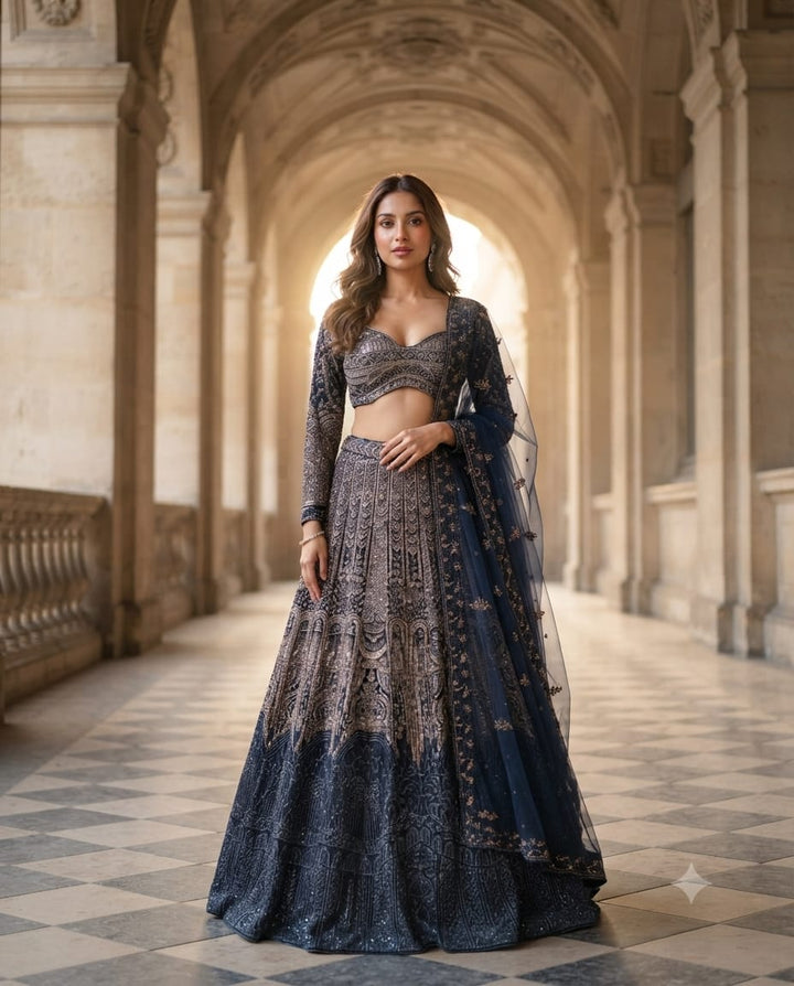 Navy Blue Crop Top Lehenga With Luxurious Thread And Sequins Work.