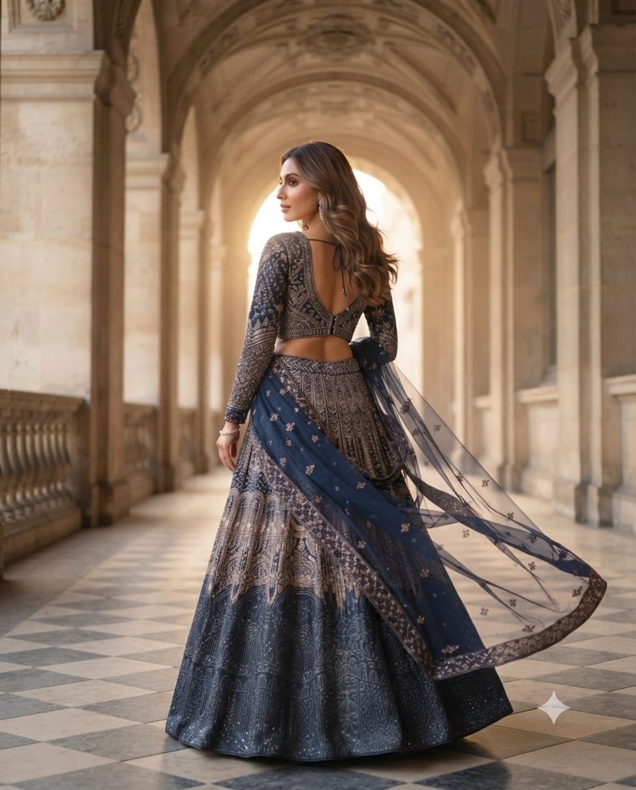 Navy Blue Crop Top Lehenga With Luxurious Thread And Sequins Work.