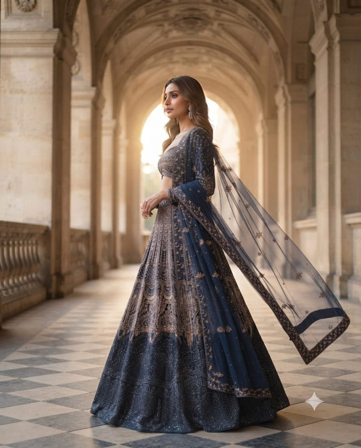Navy Blue Crop Top Lehenga With Luxurious Thread And Sequins Work.