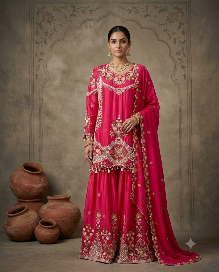Rani Pink Ethnic Silk Shirt with Thread Embroidery & Skirt
