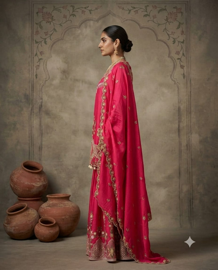 Rani Pink Ethnic Silk Shirt with Thread Embroidery & Skirt