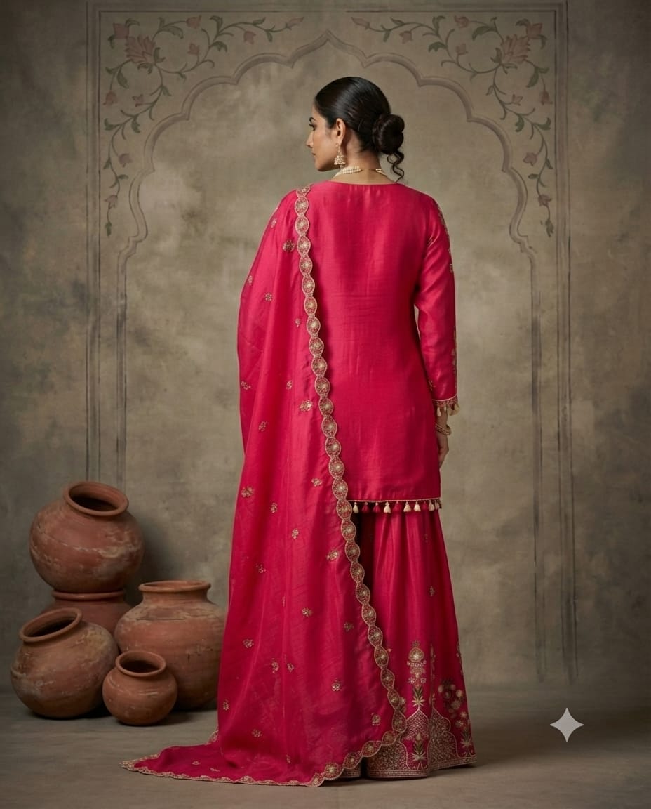 Rani Pink Ethnic Silk Shirt with Thread Embroidery & Skirt