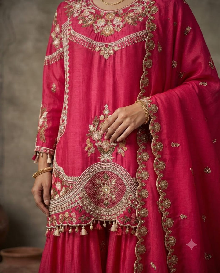 Rani Pink Ethnic Silk Shirt with Thread Embroidery & Skirt